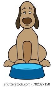 Sad cartoon dog is waiting by his dish to let his owner know he is hungry