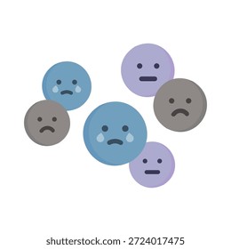 Caras tristes de dibujos animados. Sentimiento negativo. Salud mental, ansiedad, mente, estrés, sentimiento, psicología, concepto de enfermedad. Ilustración aislada de diseño de Vector plano.