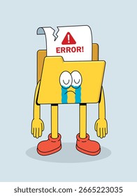 Personaje triste de la carpeta de la historieta que llora con lágrimas y que muestra un Mensaje de error en el papel