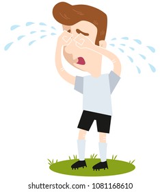 Sad cartoon football outfield player crying many tears standing on green isolated on white background, funny vector illustration