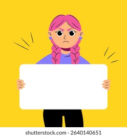 Sad cartoon girl with braided pink hair holding blank sign for text or message on yellow background