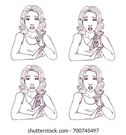 Sad cartoon girl. Scared beautiful young woman, open mouth, raise eyebrows. Fear, on face, look surprised. Shocked, upset, weeping. Vector line, outline black and white illustration set for coloring.