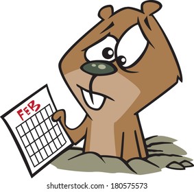 sad cartoon groundhog looking at a calendar