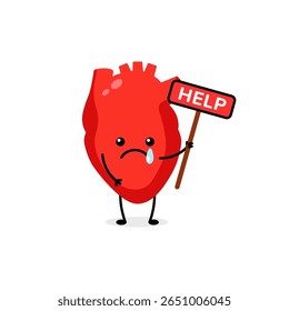 Un coeur de caricature triste tient une pancarte demandant de l'aide. il a une larme et une expression inquiète.