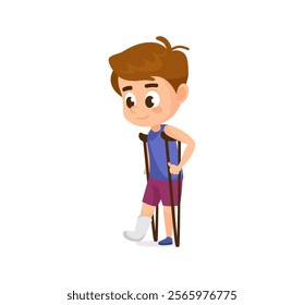 Sad cartoon little boy a leg cast using crutches for support. Cute kid character flat style vector illustration. Child character for books, healthcare, educational content related to injuries.