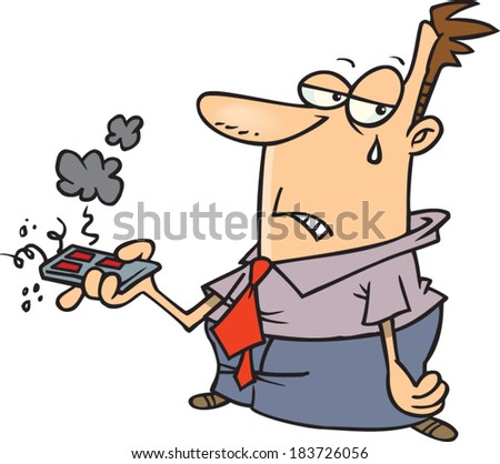 sad cartoon man holding a broken remote control