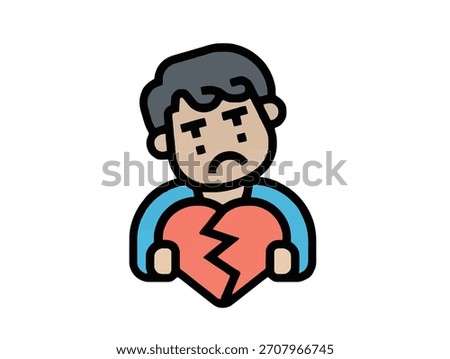 A sad cartoon man holds a broken heart. He looks forlorn and upset.