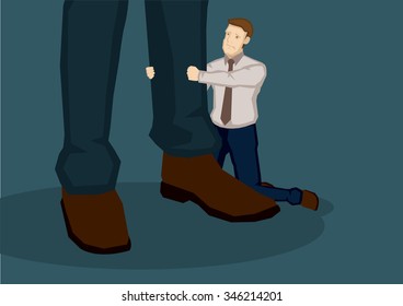 Sad cartoon man kneeling on the ground pulling the trousers on a pair of giant legs. Creative vector illustration on pleading concept isolated on green background.