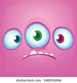 Sad cartoon monster face with three eyes. Vector Halloween monster square avatar