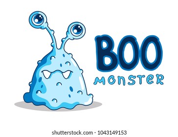 Sad cartoon monster. Vector illustration of blue monster. Print design on t-shirt. Cute cartoon monster with two eyes. Children party decoration. Cartoon sad monster say boo.