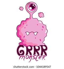 Sad cartoon monster. Vector illustration of pink monster. Print design on t-shirt. Cute cartoon pink monster. Children party decoration.
