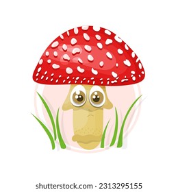 Sad cartoon mushroom fly agaric. Inedible amanita mushroom vector illustration. Red forest fungus isolated on a white background.