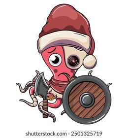 A sad cartoon octopus with a Santa hat and a cyborg eye, holding an axe and a shield. Illustration for fantasy, science fiction and adventure comics