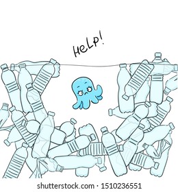 ¡Los pulpos cutáneos dicen ayuda! Un pequeño pulpo muere entre los residuos plásticos del océano. Reducir los desechos plásticos y prevenir la contaminación de los océanos. Botella de plástico. Ilustración vectorial dibujada a mano. Estilo de dibujo animado