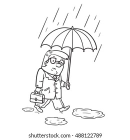 Sad cartoon office worker goes to work in the rain. Vector line illustration.