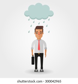 Sad Cartoon Office Worker Under The Rainy Cloud. Bad Day Concept