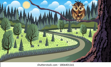 a sad cartoon owlet sits on a branch of a large tree against the background of grassy fields, a road among hills, trees, fir trees, forest, sky with sun and clouds. cute natural landscape. vector