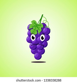 Sad cartoon purple grapes symbol. Cute icon of the purple grapes isolated on green background. Vector illustration EPS 10.