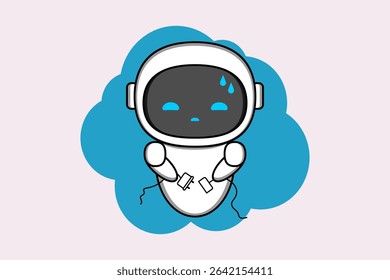 Sad cartoon robot standing beside a browser window displaying a '404 PAGE NOT FOUND' error message.Illustration vector design. EPS 10.