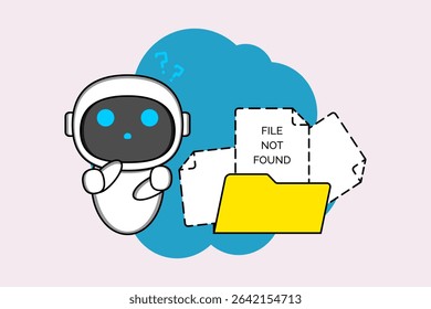Sad cartoon robot standing beside a browser window displaying a '404 PAGE NOT FOUND' error message.Illustration vector design. EPS 10.