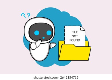 Sad cartoon robot standing beside a browser window displaying a '404 PAGE NOT FOUND' error message.Illustration vector design. EPS 10.