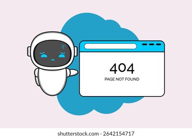 Sad cartoon robot standing beside a browser window displaying a '404 PAGE NOT FOUND' error message.Illustration vector design. EPS 10.