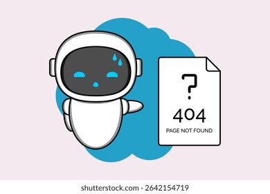 Sad cartoon robot standing beside a browser window displaying a '404 PAGE NOT FOUND' error message.Illustration vector design. EPS 10.