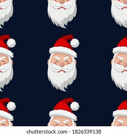 Sad cartoon Santa Claus. Christmas Seamless Pattern with Christmas elements. Vector Illustration on dark blue background