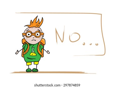 sad cartoon schoolboy with big forelock, in big glass, white background, vector illustration