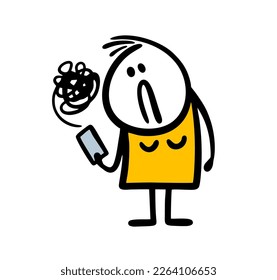 Sad cartoon stick figure woman looks on her smartphone with swear words comics tangle skein. Vector doodle female stickman with unhappy face.