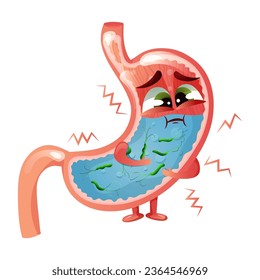 Sad cartoon stomach character with face and helicobacter pylori bacteria inside. Vector illustration on white background
