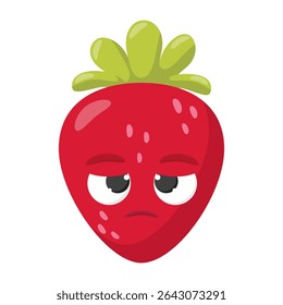 Sad cartoon strawberry character with green leaves and bored facial expression isolated on white background.