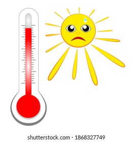 Sad Cartoon Sun And Overheated Outdoor Thermometer Isolated On White Background.