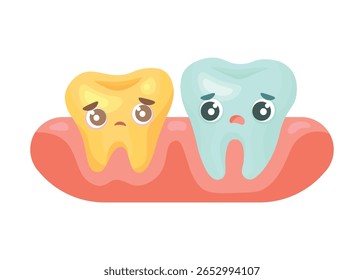 Sad cartoon tooth character with cavity and decayed tooth. Dental problem and pain illustration. Caries and treatment concept