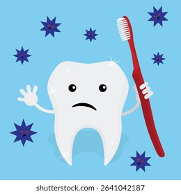 Sad cartoon tooth character with toothbrush surrounded by germs and bacteria. Dental problems, tooth decay, poor oral hygiene. For dentist, clinic, medical infographic, warning sign