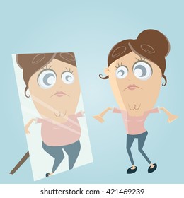 sad cartoon woman looks in the mirror and thinks she's fat