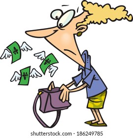 sad cartoon woman watching money fly out of her purse