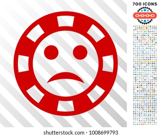 Sad Casino Chip pictograph with 7 hundred bonus bitcoin mining and blockchain pictographs. Vector illustration style is flat iconic symbols designed for cryptocurrency apps.