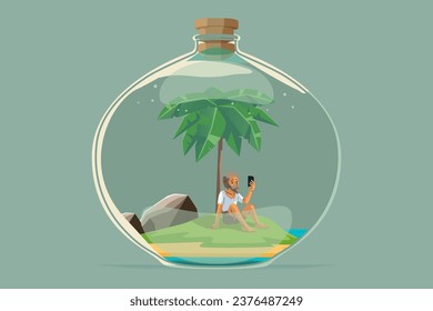 Ein trauriger Küstenstreifen, der auf einer Insel mitten im Ozean gestrandet wurde, ohne dass in der Flasche ein Telefonsignal vorhanden ist 