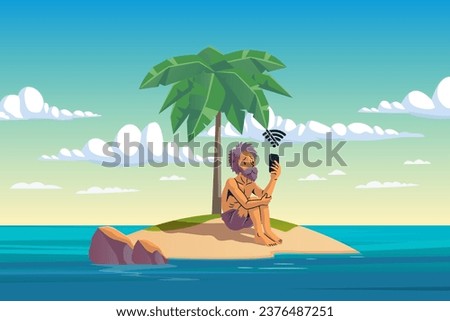 A sad castaway man, stranded on an island in the middle of the ocean with no phone signal, vector illustration 