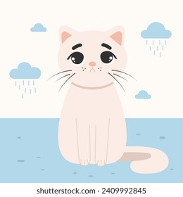 Sad cat and clouds with rain blue shades and colors. Sadness and depression concept.