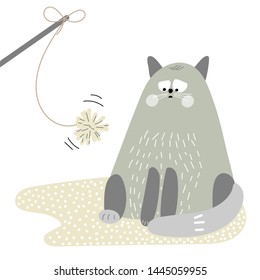 Sad cat doesn't want to play. Illustration drawn by hand.