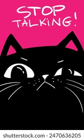 Cara de gato triste. Deja de hablar con letras. Ilustración divertida del contorno sobre fondo blanco.