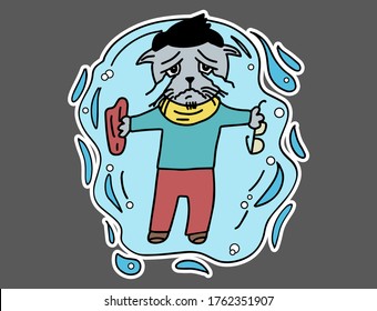 Sad Cat hipster is crying and lying in a puddle of tears. Flat style cartoon sticker for t-shirt, sweatshirt, banner, poster postcard.