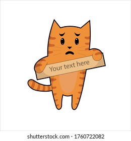 A sad cat holds a sign of mercy
