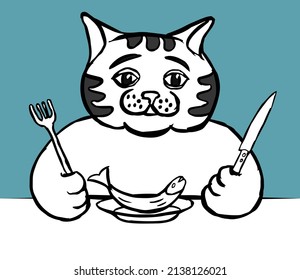 A sad cat with a knife and fork in its paws sits in front of a plate with a small fish. Black and white vector illustration