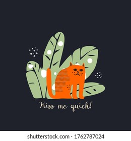 Sad cat on the leave background. Flat vector illustration to decorate your romantic message.
