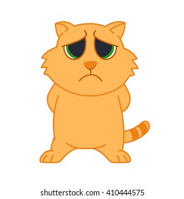 Sad cat red color on a white background vector illustration. Red cat with big eyes sad. cat icon with a sad face. upset cat with a striped tail and green eyes on a white background