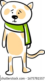 Sad cat with scarf, illustration, vector on white background.