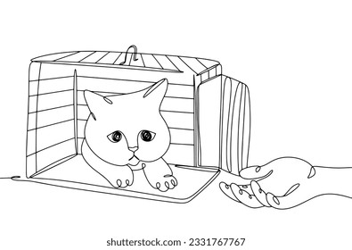 Sad cat sits in a cage in a shelter. The man came to take him home. International Homeless Animals Day. One line drawing for different uses. Vector illustration.